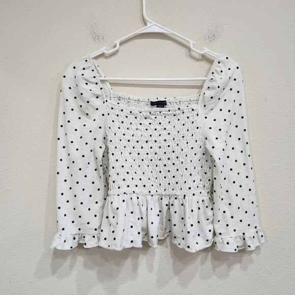America Eagle Polka Dot Ruffle Hem Peplum Crop Blouse Black White Size Medium - Picture 4 of 10